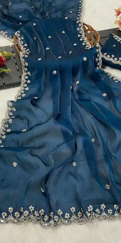 BT 400 Teal in Jimmy Chou Silk Embroidery Work & Lace Work Saree . Grab it for ₹2999. Delivery 4-6 Working Days. Shop now. | Designer Sarees, Embroidered Sarees, Sarees, Bollywood Sarees, Creative Sarees, Ethnic Saree, Modern Digital sarees, Party Wear Sarees