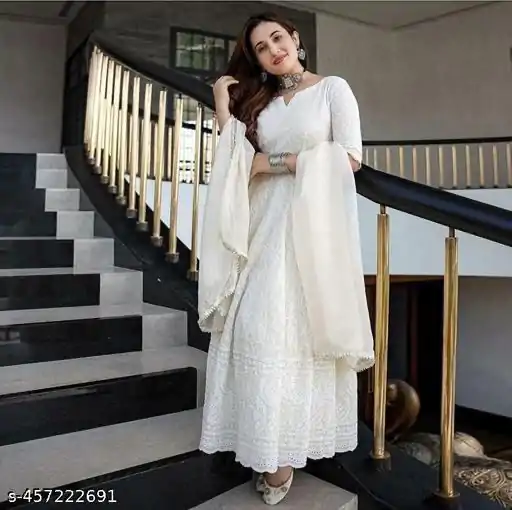 MF 511 White Cotton with Lace Work Gown . Wedding, Party, Festive, Events, Affordable Price ₹1549. Delivery 4-6 Working Days. Shop now. | Gowns, Bollywood Gowns, Creative Gowns, Designer Gowns, Embroidered Gowns, Party Wear Gowns