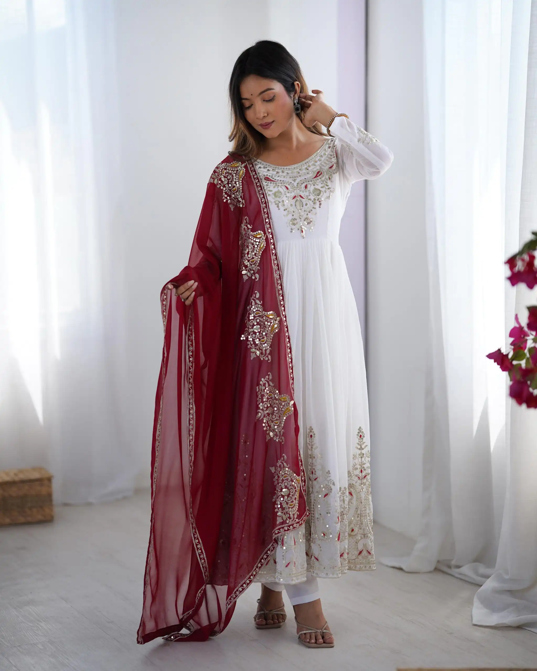 ZF 5008 White Georgette Gown with Embroidery Work. Wedding, Party, Festive, Events, Special Price ₹2049. Delivery 4-6 Working Days. Shop now. | Jump Suits, Salwar suit, Casual Suits, Creative suits, Designer Suits, Palazzo Suits, Party Wear Suits, Patiala Suits, Straight Suits