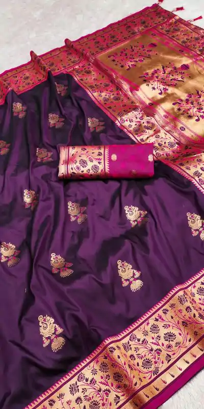 Wine Banarasi Silk Lace Work Zari Work Saree