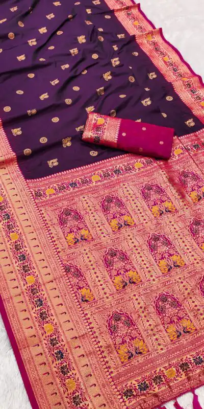 MB 18 Wine Color Banarasi silk Saree with Zari Work & Lace Work. Affordable Price ₹2449. Delivery 4-6 Working Days. Shop now. | Designer Sarees, Embroidered Sarees, Sarees, Bollywood Sarees, Creative Sarees, Ethnic Saree, Modern Digital sarees, Party Wear Sarees