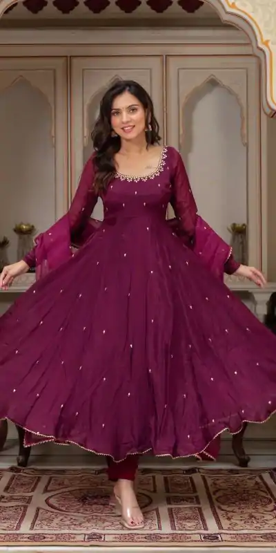 ZSR 3148 Wine Fox Georgette Gown Perfect for Wedding, Party, Traditional Day, Diwali, Anniversary – . Introductory Price ₹1949. Delivery 4-6 Working Days | Gowns, Bollywood Gowns, Creative Gowns, Designer Gowns, Embroidered Gowns, Party Wear Gowns