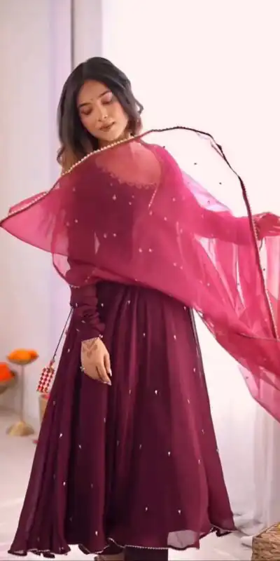 ZSR 3148 Wine Fox Georgette Gown Perfect for Wedding, Party, Traditional Day, Diwali, Anniversary – . Introductory Price ₹1949. Delivery 4-6 Working Days | Gowns, Bollywood Gowns, Creative Gowns, Designer Gowns, Embroidered Gowns, Party Wear Gowns