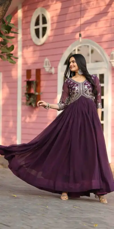 Ram 089 Wine Fox Georgette Gown with Designer Work. Wedding, Party, Festive, Events Introductory Price ₹1749. Delivery 4-6 Working Days. Shop now. | Jump Suits, Salwar suit, Casual Suits, Creative suits, Designer Suits, Palazzo Suits, Party Wear Suits, Patiala Suits, Straight Suits