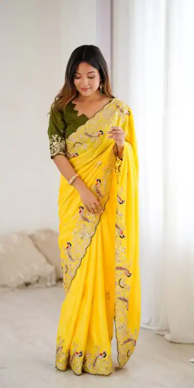 KP 3038 Yellow Soft Lichi Silk with Lace Border & Lace Work Saree . Special Price ₹1349. Delivery 4-6 Working Days. Shop now. | Designer Sarees, Embroidered Sarees, Sarees, Bollywood Sarees, Creative Sarees, Ethnic Saree, Modern Digital sarees, Party Wear Sarees