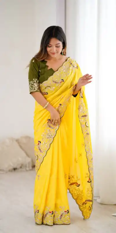KP 3038 Yellow Soft Lichi Silk with Lace Border & Lace Work Saree . Special Price ₹1349. Delivery 4-6 Working Days. Shop now. | Designer Sarees, Embroidered Sarees, Sarees, Bollywood Sarees, Creative Sarees, Ethnic Saree, Modern Digital sarees, Party Wear Sarees