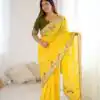 Yellow Chinon Silk Embroidery Sequins Work Saree