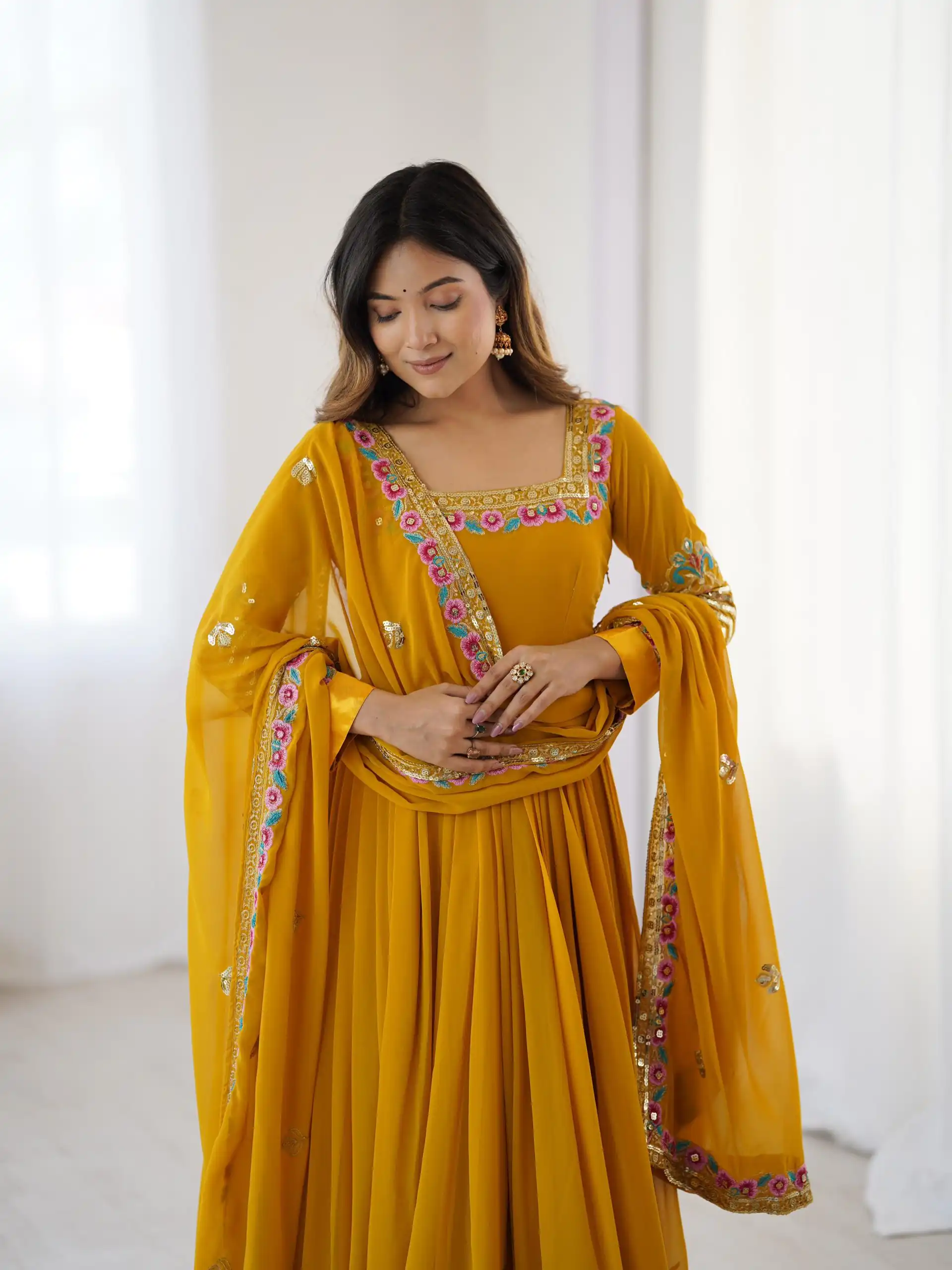 ZF 5010 Yellow Georgette Gown Perfect for Wedding, Party, Pooja, Ethnic Day, Karwa Chauth – . Best Price ₹2049. Delivery 4-6 Working Days. Shop now. | Jump Suits, Salwar suit, Casual Suits, Creative suits, Designer Suits, Palazzo Suits, Party Wear Suits, Patiala Suits, Straight Suits