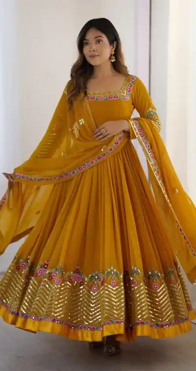 Yellow Georgette Multi Thread Work Gown
