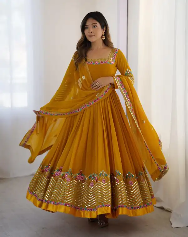 ZF 5010 Yellow Georgette Gown Perfect for Wedding, Party, Pooja, Ethnic Day, Karwa Chauth – . Best Price ₹2049. Delivery 4-6 Working Days. Shop now. | Jump Suits, Salwar suit, Casual Suits, Creative suits, Designer Suits, Palazzo Suits, Party Wear Suits, Patiala Suits, Straight Suits