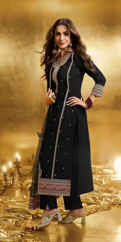 KF 1708 Black Faux Georgette Salwar Suit with Embroidery Work. Available at ₹1999 only. Delivery 4-6 Working Days. Shop now. | Jump Suits, Tops & Bottoms, Track Suits, Salwar suit, Casual Suits, Creative suits, Designer Suits, Palazzo Suits, Party Wear Suits, Patiala Suits, Straight Suits, Trendy Wear