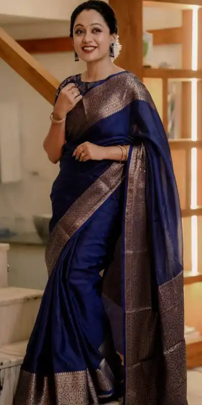 Blue Soft Lichi Silk Border Lace Work Saree