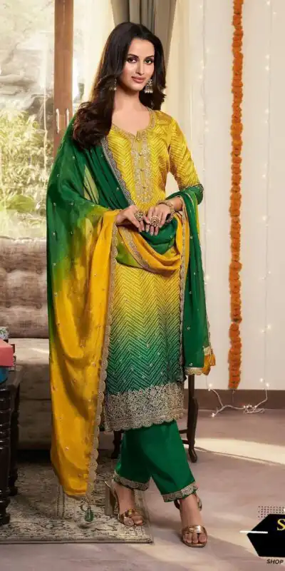 MF 1004 Green Chinoon Silk Salwar Suit with Embroidery Work. Available at ₹1749 only. Delivery 4-6 Working Days. Shop now. | Jump Suits, Tops & Bottoms, Track Suits, Salwar suit, Casual Suits, Creative suits, Designer Suits, Palazzo Suits, Party Wear Suits, Patiala Suits, Straight Suits, Trendy Wear