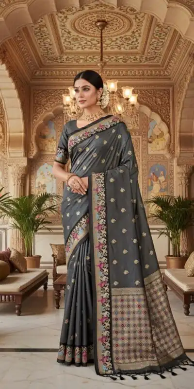 MS 545 Grey Banarasi Silk Saree with Zari Work. Wedding, Party, Festive, Events, Now at just ₹1649. Delivery 4-6 Working Days. Shop now. | Designer Sarees, Embroidered Sarees, Sarees, Bollywood Sarees, Creative Sarees, Ethnic Saree, Modern Digital sarees, Party Wear Sarees