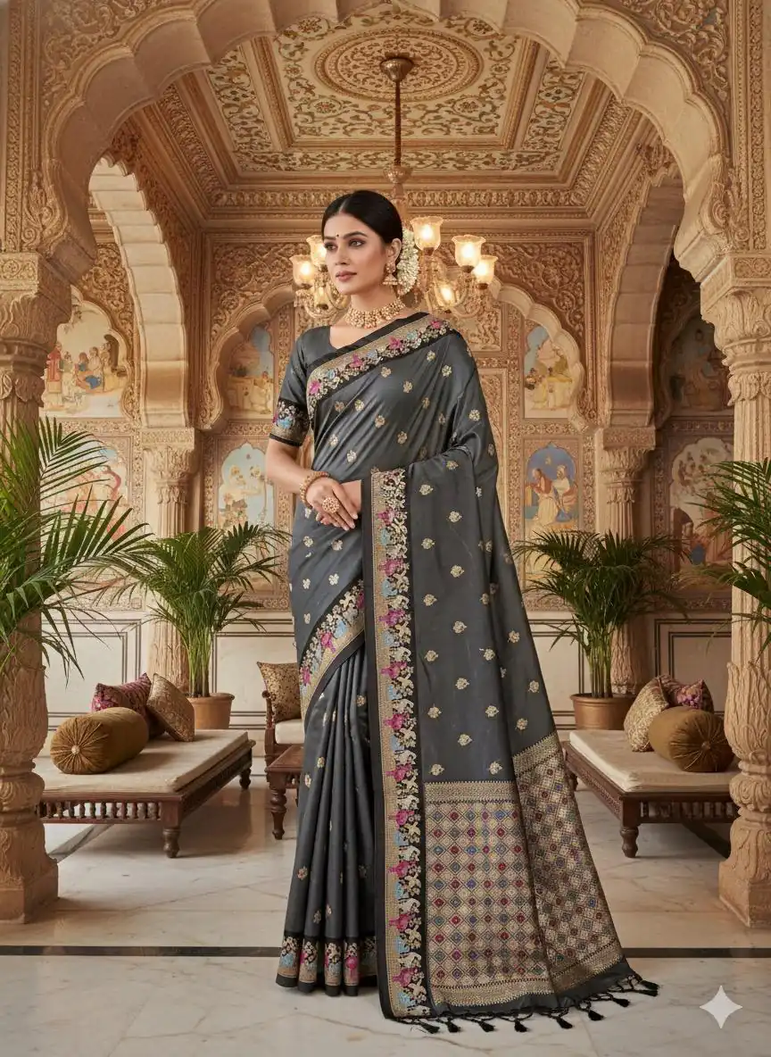 MS 545 Grey Banarasi Silk Saree with Zari Work. Wedding, Party, Festive, Events, Now at just ₹1649. Delivery 4-6 Working Days. Shop now. | Designer Sarees, Embroidered Sarees, Sarees, Bollywood Sarees, Creative Sarees, Ethnic Saree, Modern Digital sarees, Party Wear Sarees