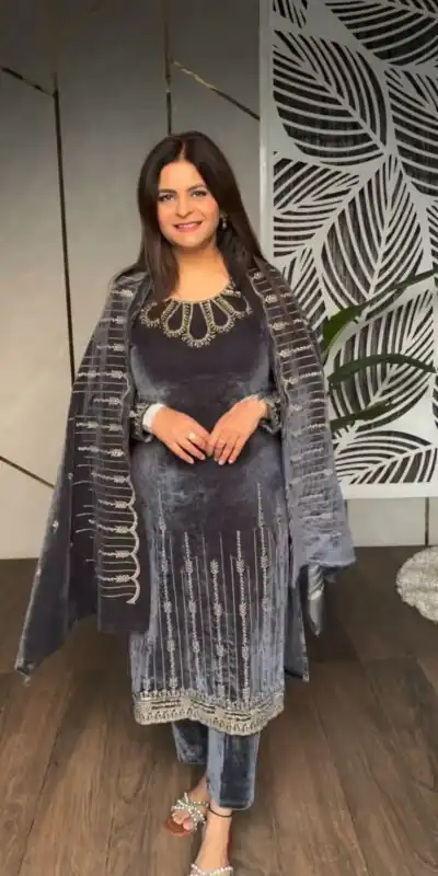 SRK 5211 Grey in Viscose Velvet Embroidery Work & Lace Work Salwar Suit . Grab it for ₹1999. Delivery 4-6 Working Days. Shop now. | Jump Suits, Tops & Bottoms, Track Suits, Salwar suit, Casual Suits, Creative suits, Designer Suits, Palazzo Suits, Party Wear Suits, Patiala Suits, Straight Suits, Trendy Wear
