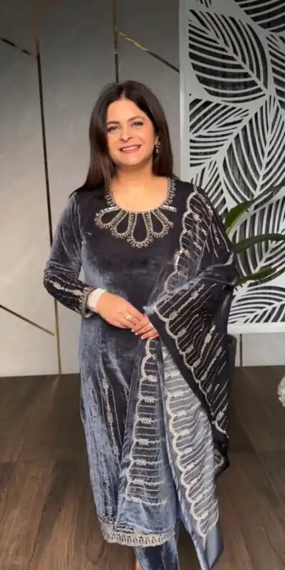 SRK 5211 Grey in Viscose Velvet Embroidery Work & Lace Work Salwar Suit . Grab it for ₹1999. Delivery 4-6 Working Days. Shop now. | Jump Suits, Tops & Bottoms, Track Suits, Salwar suit, Casual Suits, Creative suits, Designer Suits, Palazzo Suits, Party Wear Suits, Patiala Suits, Straight Suits, Trendy Wear