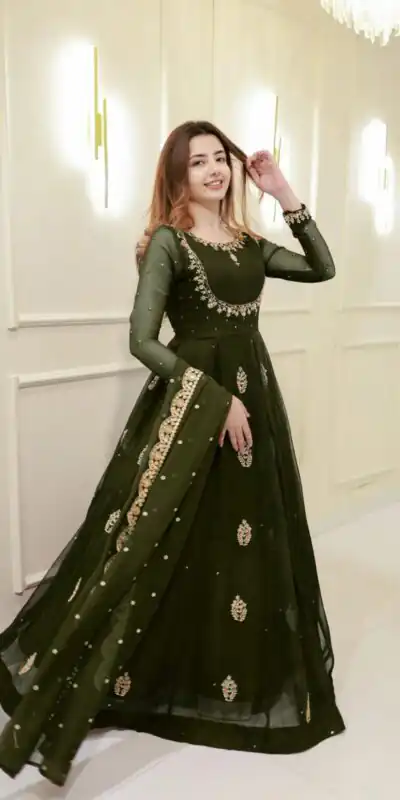 LG 2006 Mehendi Georgette Gown Perfect for Wedding, Party, Engagement, Diwali, Sangeet . Exclusive Offer ₹1999. Delivery 4-6 Working Days. Shop now. | Gowns, Bollywood Gowns, Creative Gowns, Designer Gowns, Embroidered Gowns, Party Wear Gowns