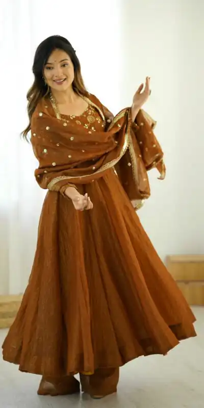 SRK 5290 Mustered Crunchy Silk Gown Perfect for Wedding, Party, Pongal, Traditional Day, Reception Get it for ₹1999. Delivery 4-6 Working Days. Shop now. | Gowns, Bollywood Gowns, Creative Gowns, Designer Gowns, Embroidered Gowns, Party Wear Gowns