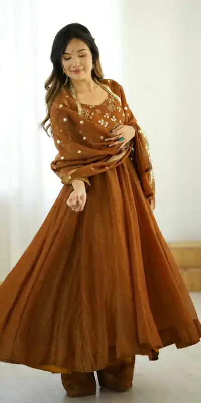 SRK 5290 Mustered Crunchy Silk Gown Perfect for Wedding, Party, Pongal, Traditional Day, Reception Get it for ₹1999. Delivery 4-6 Working Days. Shop now. | Gowns, Bollywood Gowns, Creative Gowns, Designer Gowns, Embroidered Gowns, Party Wear Gowns