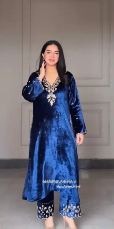 LG 2025 Navy Blue Velvet Salwar Suit with Embroidery Work & Lace Work. Exclusive Offer ₹1899. Delivery 4-6 Working Days. Shop now. | Jump Suits, Tops & Bottoms, Track Suits, Salwar suit, Casual Suits, Creative suits, Designer Suits, Palazzo Suits, Party Wear Suits, Patiala Suits, Straight Suits, Trendy Wear