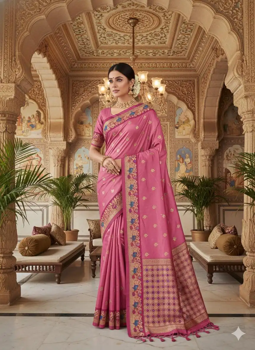 MS 545 Pink Banarasi Silk Saree with Zari Work. Wedding, Party, Festive, Events, Now at just ₹1649. Delivery 4-6 Working Days. Shop now. | Designer Sarees, Embroidered Sarees, Sarees, Bollywood Sarees, Creative Sarees, Ethnic Saree, Modern Digital sarees, Party Wear Sarees