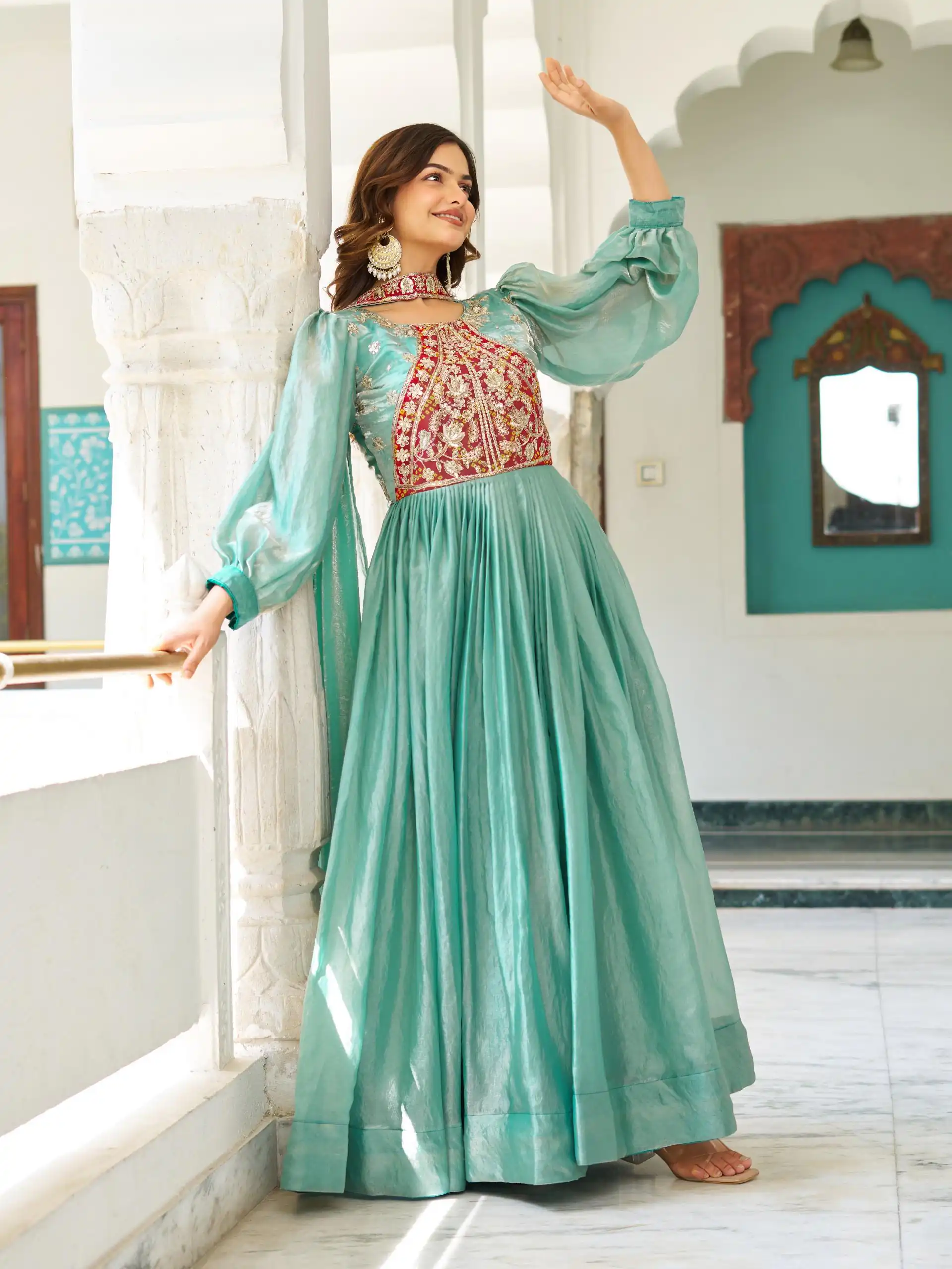 Ram 146 Pista Fendy Silk Gown With Embroidery Work. Special Price ₹2049. Wedding, Party, Festive, Events, Delivery 4-6 Working Days. Shop now. | Gowns, Bollywood Gowns, Creative Gowns, Designer Gowns, Embroidered Gowns, Party Wear Gowns