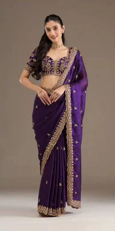 BT 434 Purple Fandy Sattin Silk Saree with Zari Work. Wedding, Party, Festive, Events, Best Price ₹2049. Delivery 4-6 Working Days. Shop now. | Designer Sarees, Embroidered Sarees, Sarees, Bollywood Sarees, Creative Sarees, Ethnic Saree, Modern Digital sarees, Party Wear Sarees