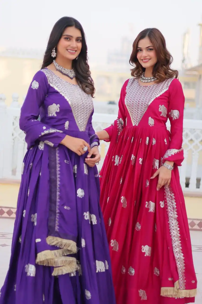 Ram 062 Purple Fox Georgette Gown Perfect for Wedding, Party, Family Gatherings, Durga Puja, Eid – . Festive Deal ₹1799. Delivery 4-6 Working Days. Shop no | Gowns, Bollywood Gowns, Creative Gowns, Designer Gowns, Embroidered Gowns, Party Wear Gowns