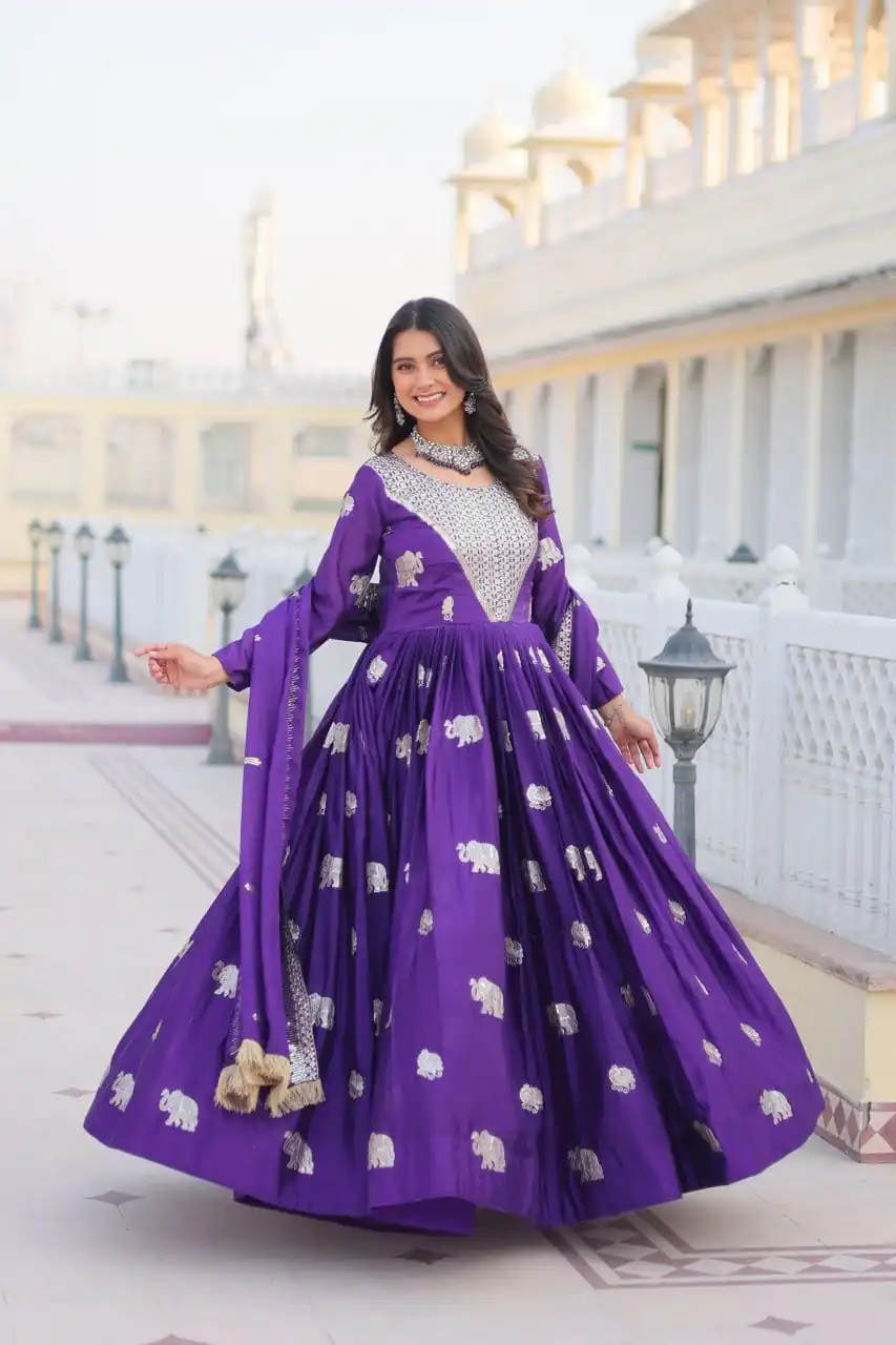 Ram 062 Purple Fox Georgette Gown Perfect for Wedding, Party, Family Gatherings, Durga Puja, Eid – . Festive Deal ₹1799. Delivery 4-6 Working Days. Shop no | Gowns, Bollywood Gowns, Creative Gowns, Designer Gowns, Embroidered Gowns, Party Wear Gowns