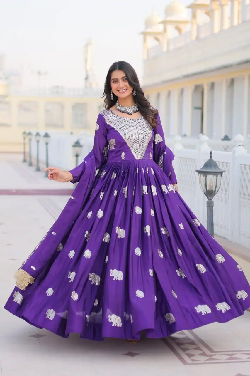 Ram 062 Purple Fox Georgette Gown Perfect for Wedding, Party, Family Gatherings, Durga Puja, Eid – . Festive Deal ₹1799. Delivery 4-6 Working Days. Shop no | Gowns, Bollywood Gowns, Creative Gowns, Designer Gowns, Embroidered Gowns, Party Wear Gowns