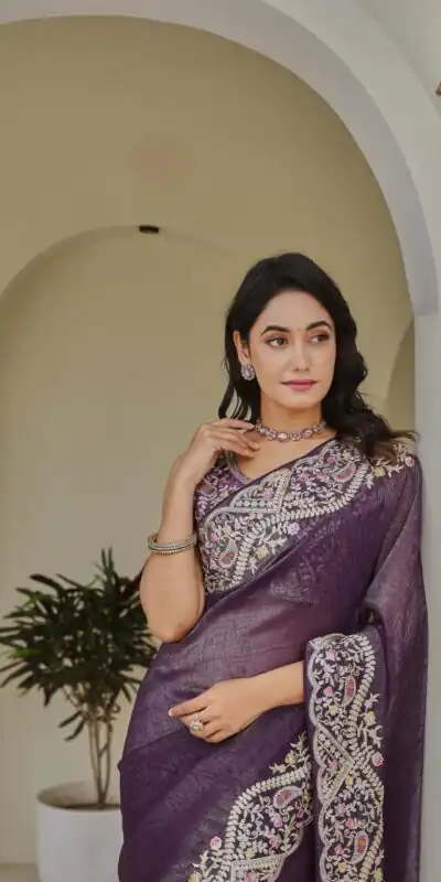 Ram 010 Purple Color Silver Crunchy Saree with Embroidery Work. Special Price ₹2149. Delivery 4-6 Working Days. Shop now. | Designer Sarees, Embroidered Sarees, Sarees, Bollywood Sarees, Creative Sarees, Ethnic Saree, Modern Digital sarees, Party Wear Sarees