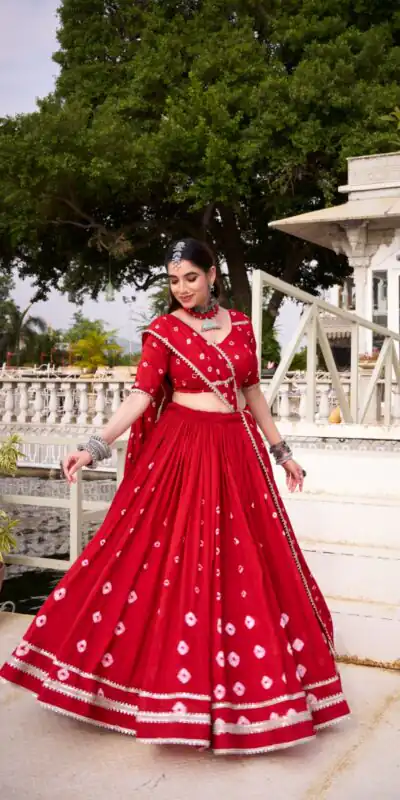 LNB 1663 Red Color Pure Chander Bandhej Print With Lace Touch Up Lehenga Choli Wedding, Party, Festive, Events Etc. Delivery 4-6 Working Days Rs 1899 | Lehenga, Bollywood Lehenga, Creative Lehenga, Designer Lehenga, Embroidered Lehenga, Party Wear Lehenga