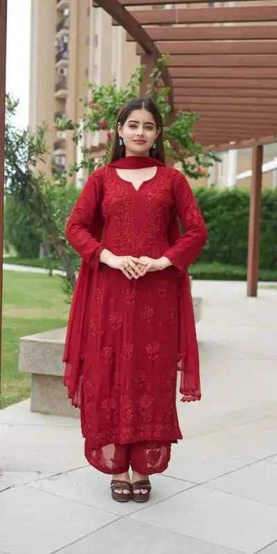 BE 370 Red Faux Georgette Salwar Suit with Lace Work & Embroidery Work. Festive Deal ₹1949. Delivery 4-6 Working Days. Shop now. | Jump Suits, Salwar suit, Casual Suits, Creative suits, Designer Suits, Palazzo Suits, Party Wear Suits, Patiala Suits, Straight Suits