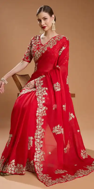 BT 1301 Red Rangoli Silk Saree with Sequins Work & Embroidery Work. Now at just ₹1999. Delivery 4-6 Working Days. Shop now. | Designer Sarees, Embroidered Sarees, Sarees, Bollywood Sarees, Creative Sarees, Ethnic Saree, Modern Digital sarees, Party Wear Sarees