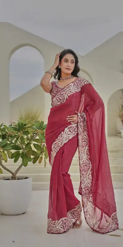 Ram 010 Red Color Silver Crunchy Saree With Embroidery Work Special Wedding, Party, Festive, Events Price ₹2149. Delivery 4-6 Working Days. Shop now. | Designer Sarees, Embroidered Sarees, Sarees, Bollywood Sarees, Creative Sarees, Ethnic Saree, Modern Digital sarees, Party Wear Sarees