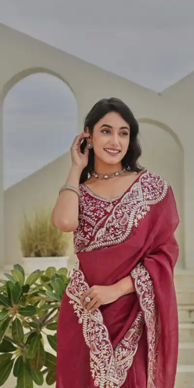 Ram 010 Red Color Silver Crunchy Saree With Embroidery Work Special Wedding, Party, Festive, Events Price ₹2149. Delivery 4-6 Working Days. Shop now. | Designer Sarees, Embroidered Sarees, Sarees, Bollywood Sarees, Creative Sarees, Ethnic Saree, Modern Digital sarees, Party Wear Sarees