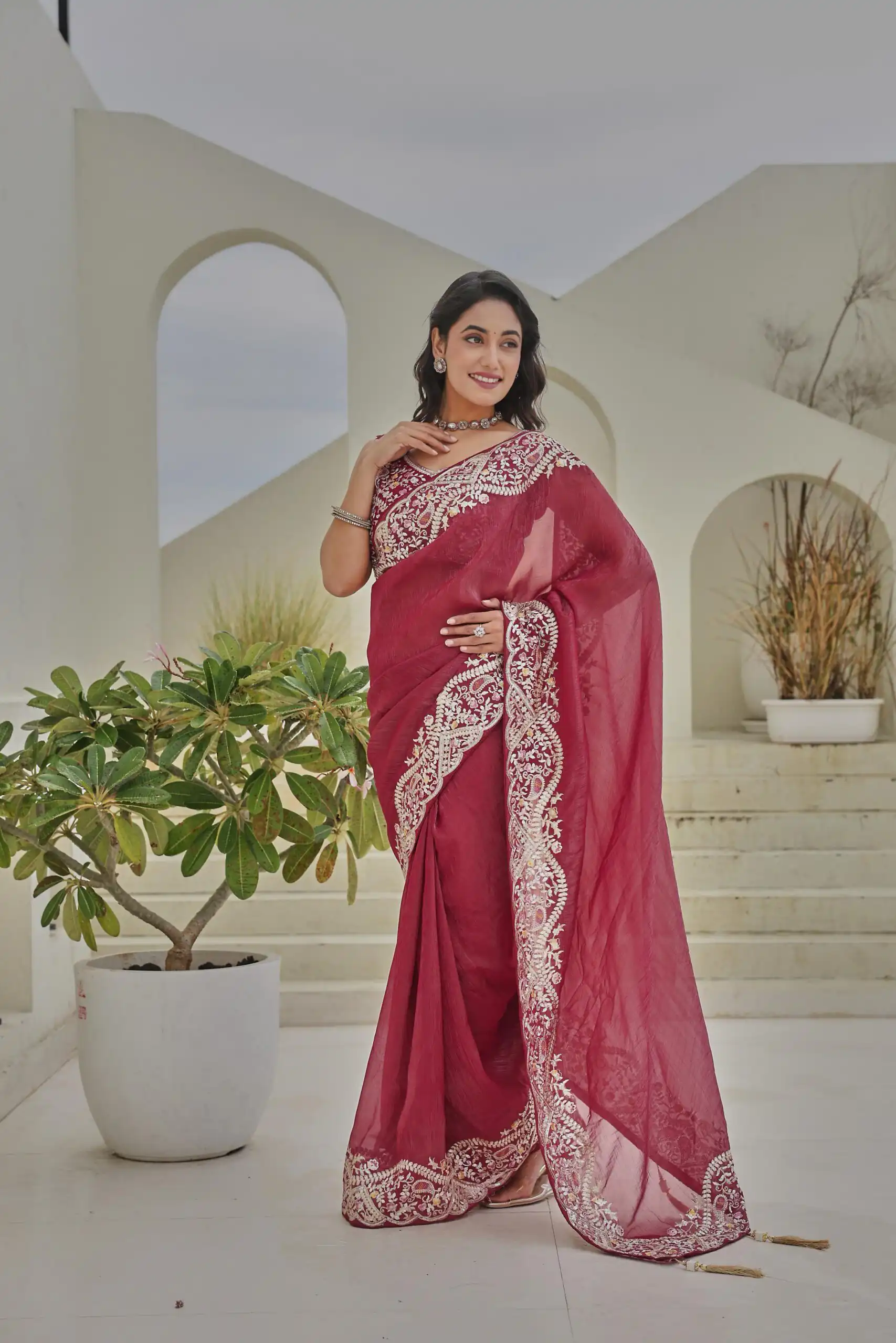 Ram 010 Red Color Silver Crunchy Saree With Embroidery Work Special Wedding, Party, Festive, Events Price ₹2149. Delivery 4-6 Working Days. Shop now. | Designer Sarees, Embroidered Sarees, Sarees, Bollywood Sarees, Creative Sarees, Ethnic Saree, Modern Digital sarees, Party Wear Sarees