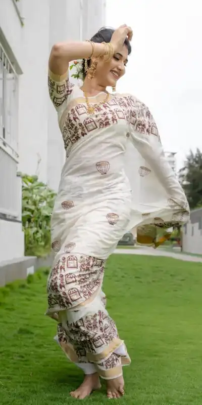 BT 428 White Soft Linen Cotton Saree with Digital Print & Lace Work. Festive Deal ₹1449. Delivery 4-6 Working Days. Shop now. | Designer Sarees, Embroidered Sarees, Sarees, Bollywood Sarees, Creative Sarees, Ethnic Saree, Modern Digital sarees, Party Wear Sarees