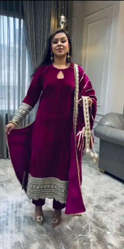 VLM 241 Wine in Crash Viscose Velvet Embroidery Work Salwar Suit . Affordable Price ₹2399. Delivery 4-6 Working Days. Shop now. | Jump Suits, Salwar suit, Casual Suits, Creative suits, Designer Suits, Palazzo Suits, Party Wear Suits, Patiala Suits, Straight Suits