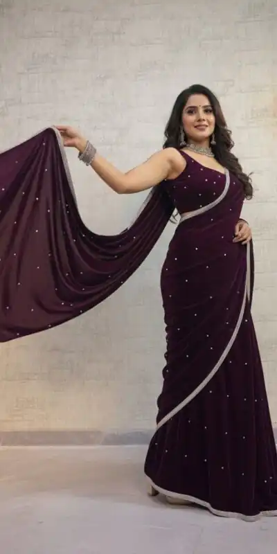 BD 1798 Wine Velvet 9000 with Revert Machine Pearl Work Saree Designer Work. Get it for ₹2049. Delivery 4-6 Working Days. Shop now. | Designer Sarees, Embroidered Sarees, Sarees, Bollywood Sarees, Creative Sarees, Ethnic Saree, Modern Digital sarees, Party Wear Sarees
