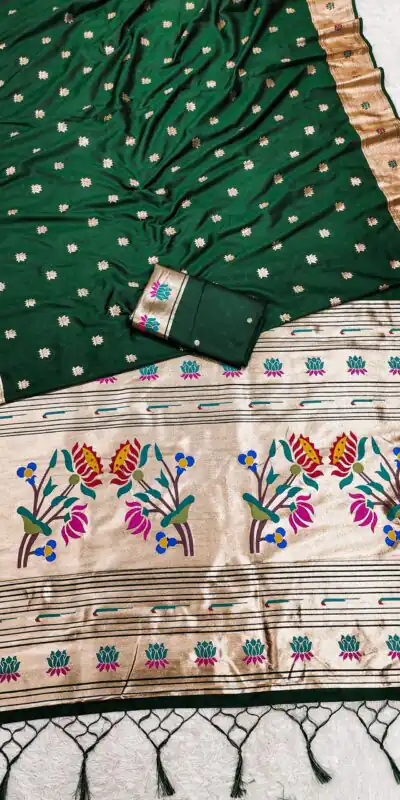Dark Green Paithani Silk Lace Zari Work Saree