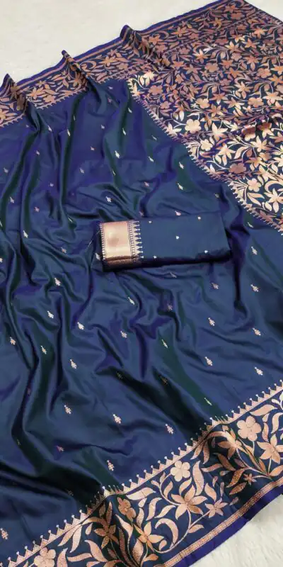 Navy Blue Banarasi Silk Zari Weaving Lace Work Saree
