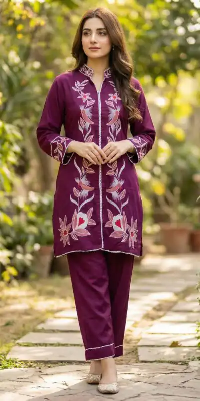 Wine Rayon With Embroidery Work Kurti