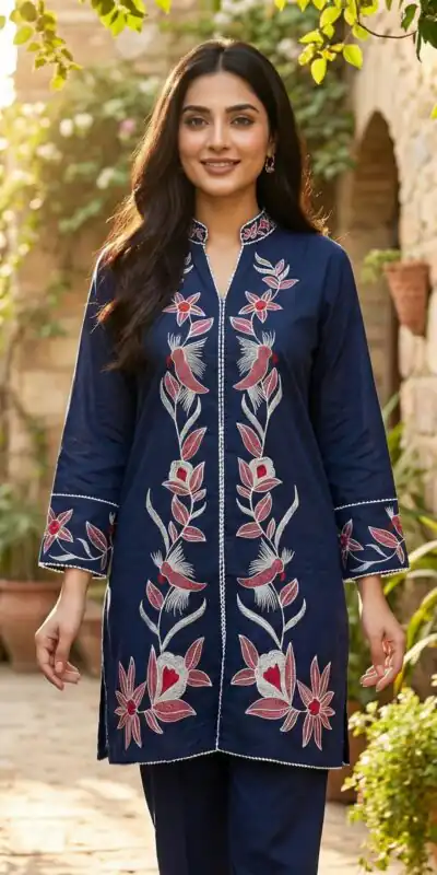 Navy Blue Rayon With Embroidery Work Kurti