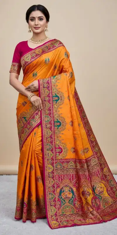 Yellow Paithani Silk Border Lace Work Saree