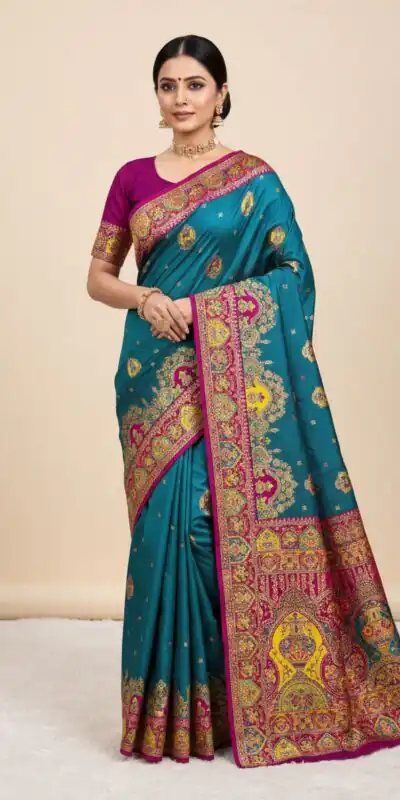 Teal Paithani Silk Border Lace Work Saree