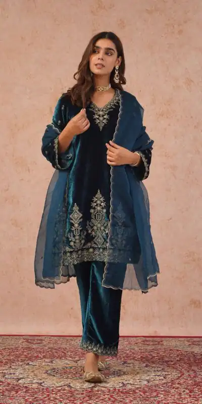 Peacock Blue Viscose Velvet Intricate Thread Salwar Suit