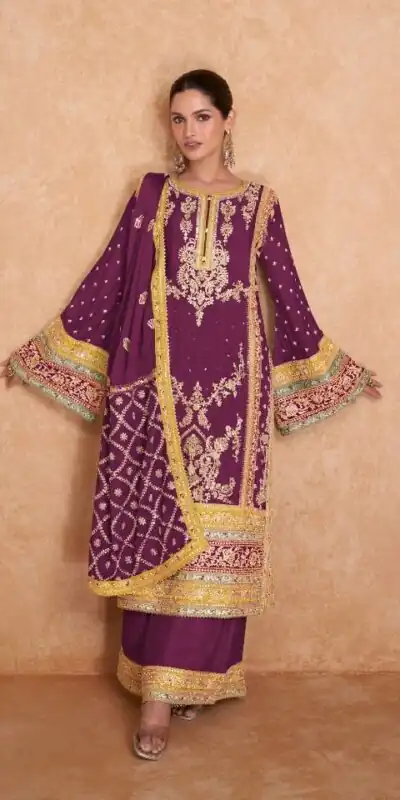 Wine Chinon Embroidery Work Salwar Suit