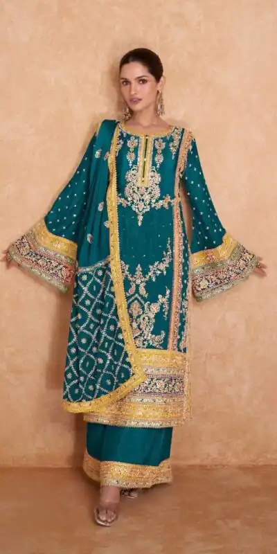 Blue Chinon Embroidery Work Salwar Suit